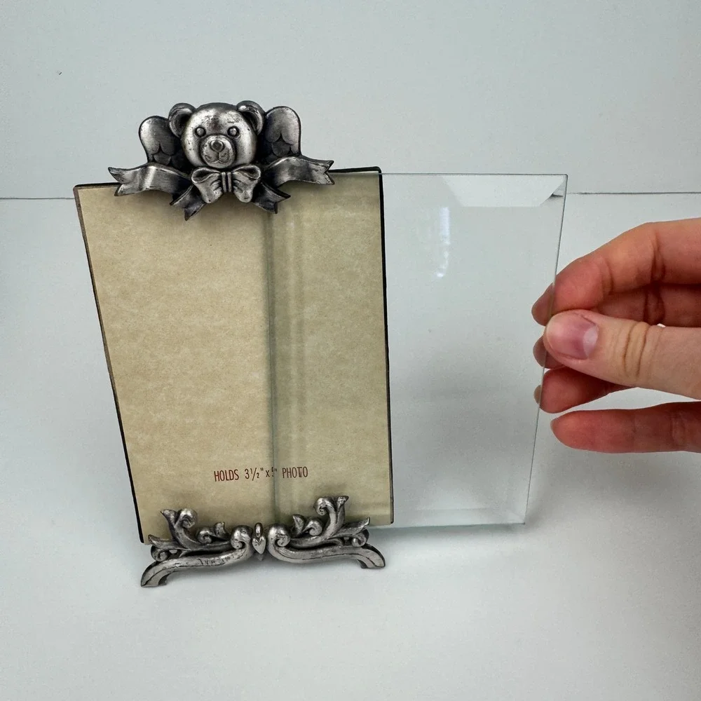 Vtg Tabletop Teddy Bear Angel Ribbon Filigree Photo‎ Pic Frame Pewter Metal READ